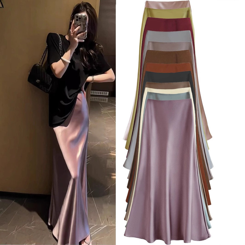 French-Style Invisible Zipper Elastic Waist Acetate Satin Large Hem Draped Skirt High-Waisted Hip-Hugging A-Line Long Skirt