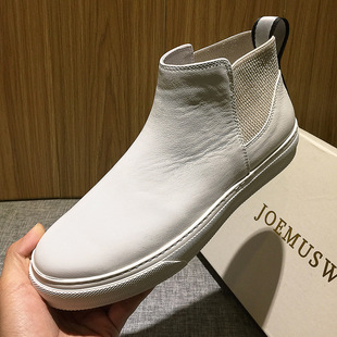 European Station 2023 Autumn and Winter Chelsea Boots Men's Genuine Leather Martin Boots Men's White High Top Shoes Men's Fashionable Korean Style