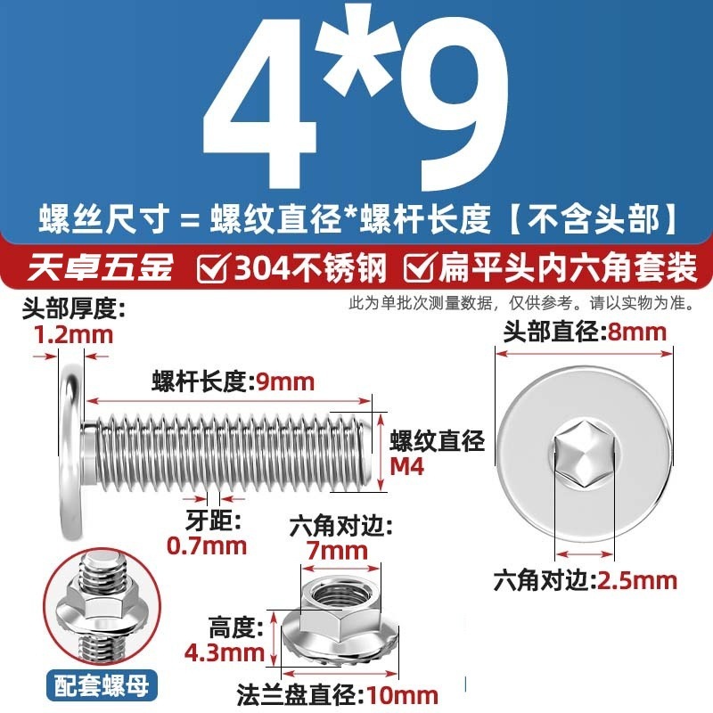 304不锈钢CM大平头超薄头C头扁平头内六角螺丝钉法兰边螺母套装M5|undefined