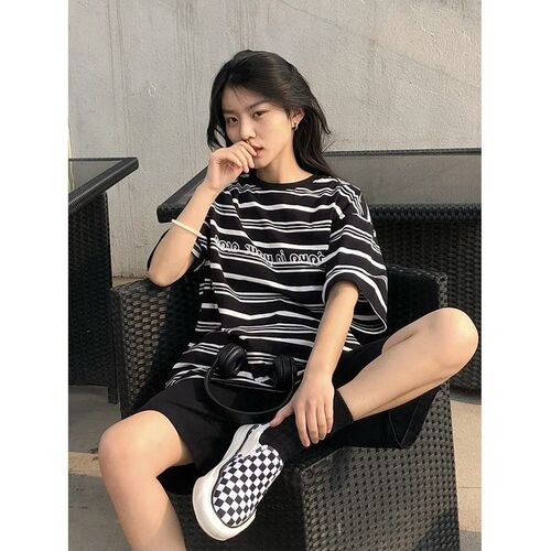 Women's Loose Short Sleeve T-Shirt and Shorts Set, 2025 Summer New Arrival, American Street Style Striped Casual Outfit