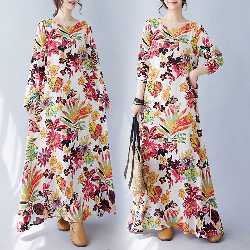 Real Shot of 2025 Spring New Style Literary Large Size Loose Printed Round Neck Long-Sleeved Dress Women's Long Skirt 9662 # Real Shot of 2025 Spring New Style Literary Large Size Loose Printed Round Neck Long-Sleeved Dress Women's Long Skirt 9662 #
