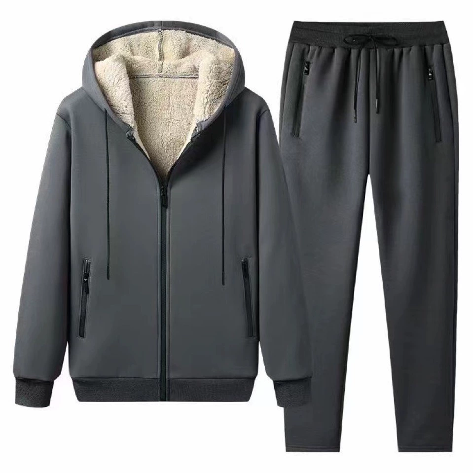 Осенне-зимний бархатный утолщенный теплый Однотонный свитер с капюшоном на молнии из ягненка, повседневные универсальные брюки, спортивный костюм