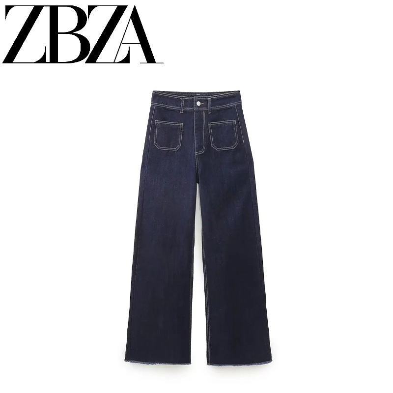 Zar2024 Autumn New Women's Navy Style Pocket Decoration Loose Straight-Leg High Waist Jeans 9632250