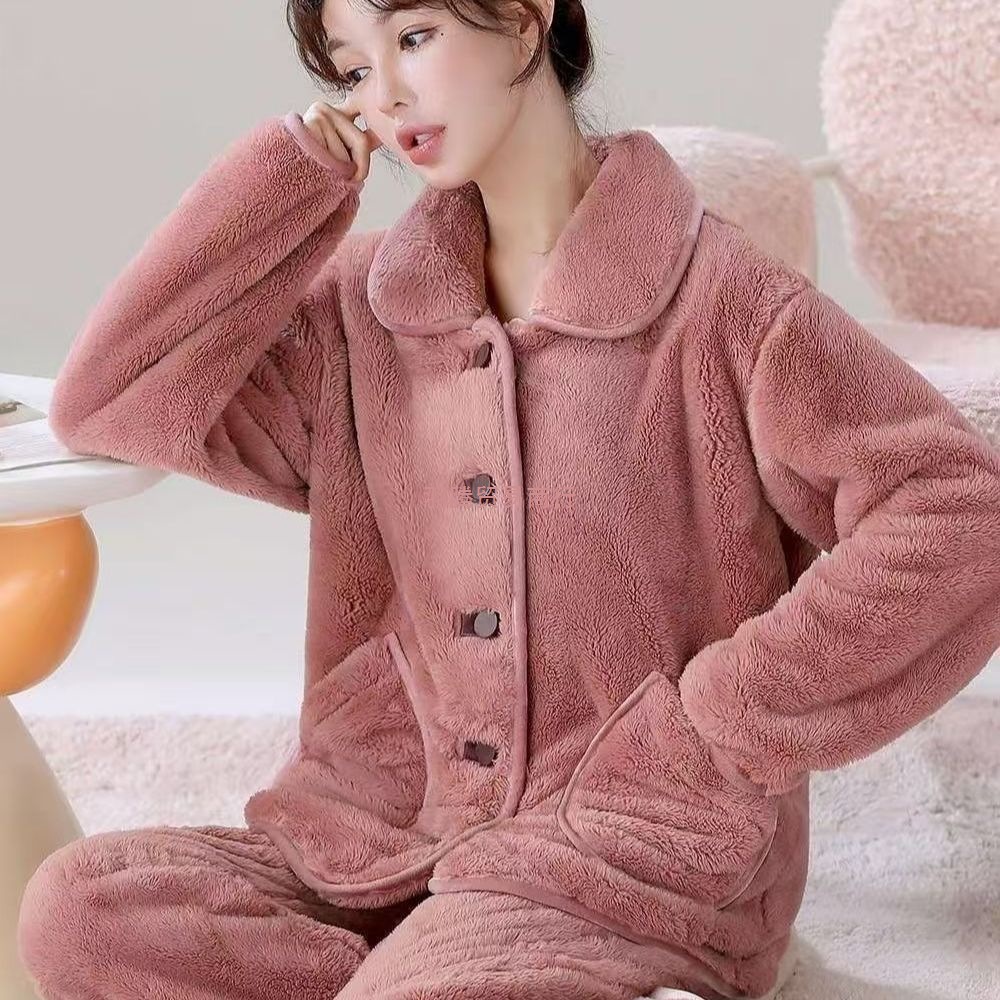 秋冬加绒加厚云朵绒套装睡衣可外穿珊瑚绒睡衣拉架棉冰丝简约