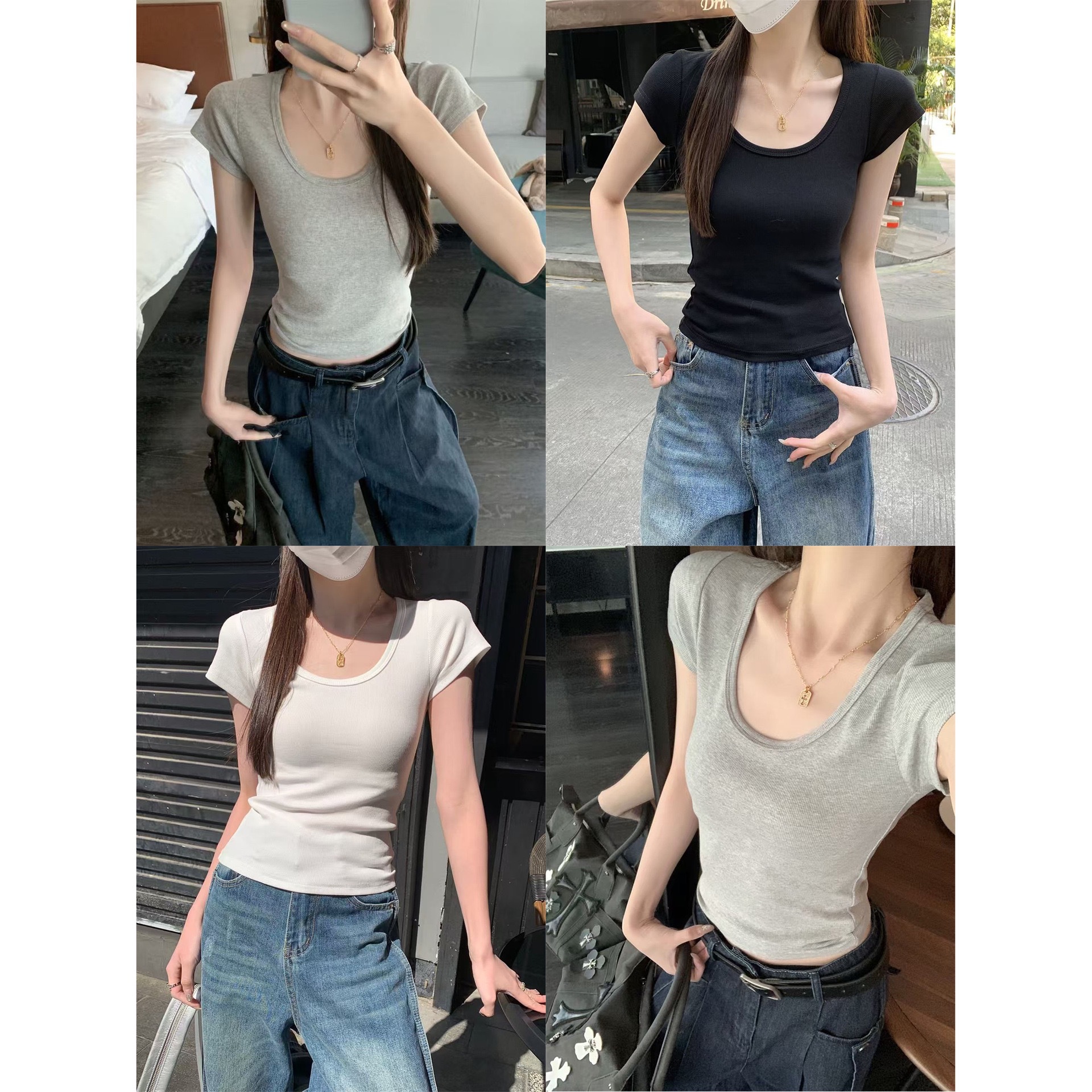 여름 새로운 U-넥 디자인 센스 내베이스 셔츠 불규칙한 스파이스 걸스 순수한 욕망 반팔 탑 티셔츠 여성용 원피스