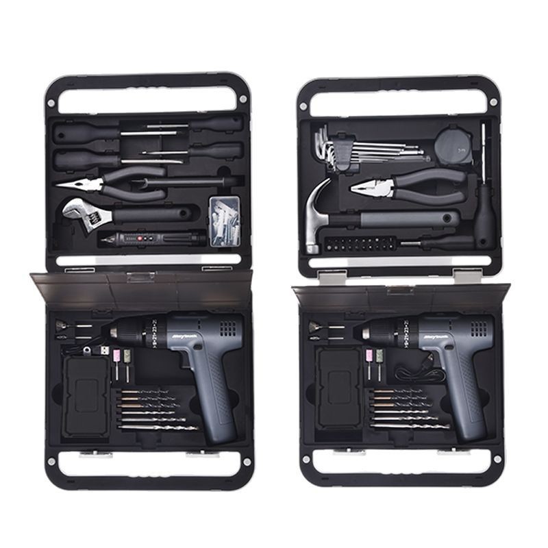 Amazon mini taladro de impacto caja de herramientas de almacenamiento portátil multifunción herramientas manuales grupo de kit de mantenimiento en el hogar