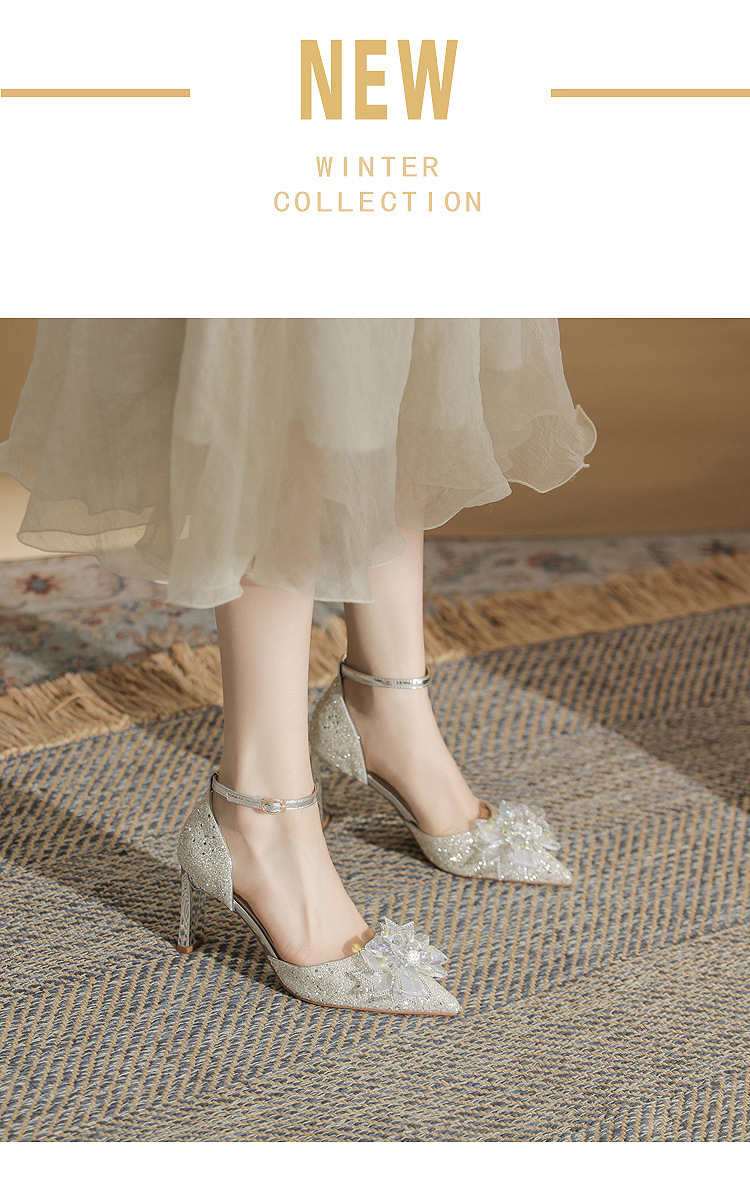 Giày sandal cao gót nữ quai ngang mũi nhọn bạc — Màu bạc chi tiết 2
