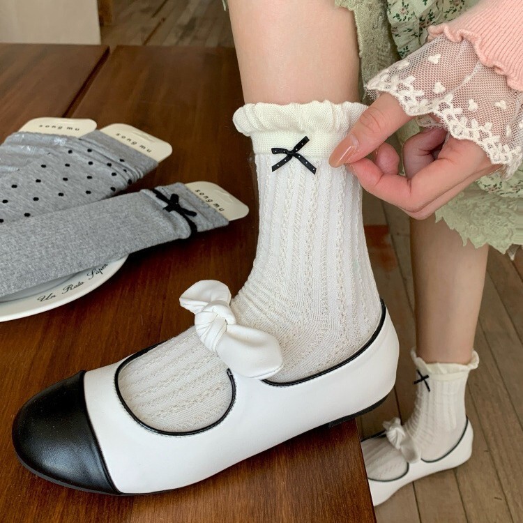 Songmu' High-End Gray Series High-End Low-Key Gray Socks for Women Ins Bow Pile Socks for Women