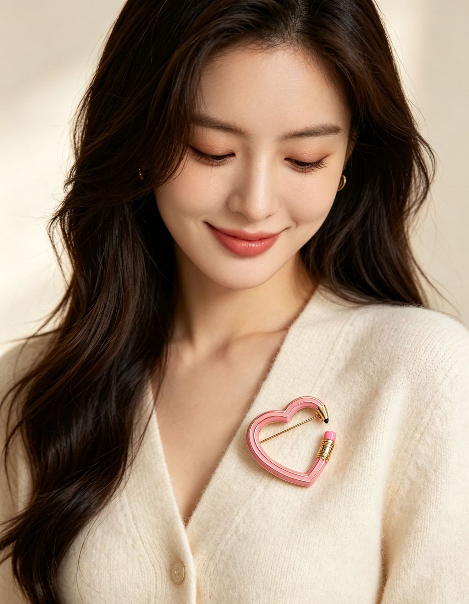 Pink pencil heart brooch, hollow heart-shaped enamel pin, unique design brooch for decorating blazers