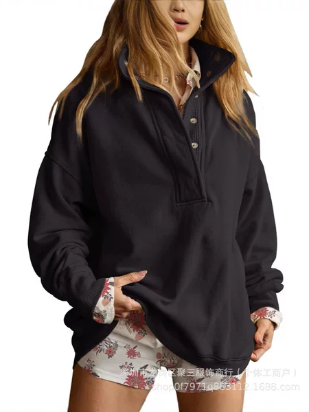 2025 Aliexpress Autumn and Winter New Women's Round Neck Solid Color Button Loose Sweatshirt Long-Sleeved Top for Women