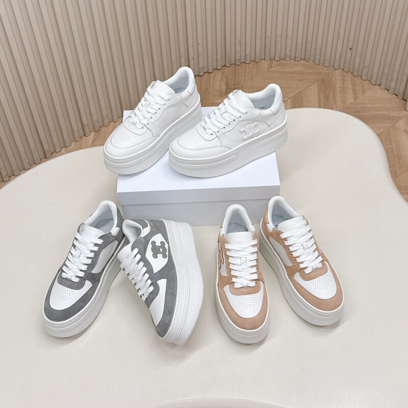 Foreign Trade Arc De Triomphe Celin* Spring and Autumn Thick-Soled White Sneakers for Women, Genuine Leather Height-Increasing Platform Shoes, Versatile Sports and Casual Shoes