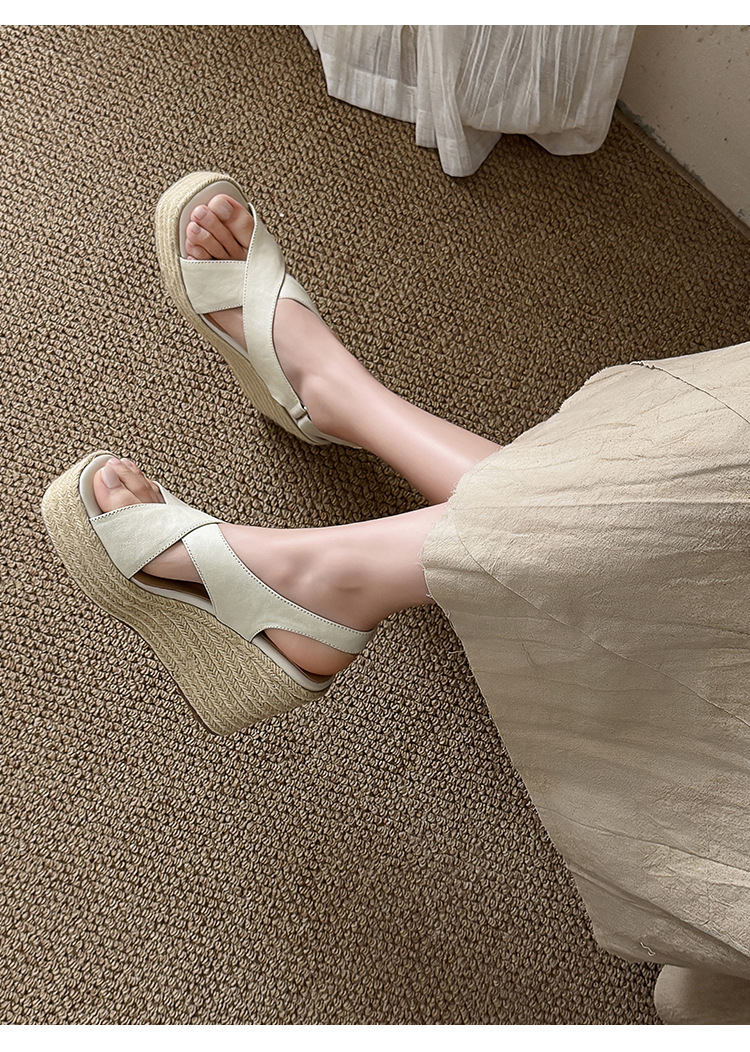 Sandal cao gót nữ hở mũi phong cách Pháp quai chéo da bò, đế xuồng cao gót 9 cm, đế platform 3 cm — màu nâu, màu đen, màu trắng ngà chi tiết 16