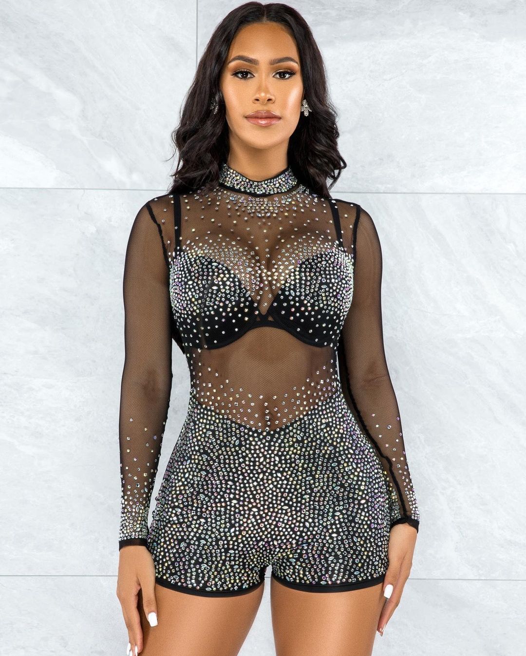 Women Clothing Sexy Nightclub Women Multi-Color Rhinestone Mesh Jumpsuit in Rompers