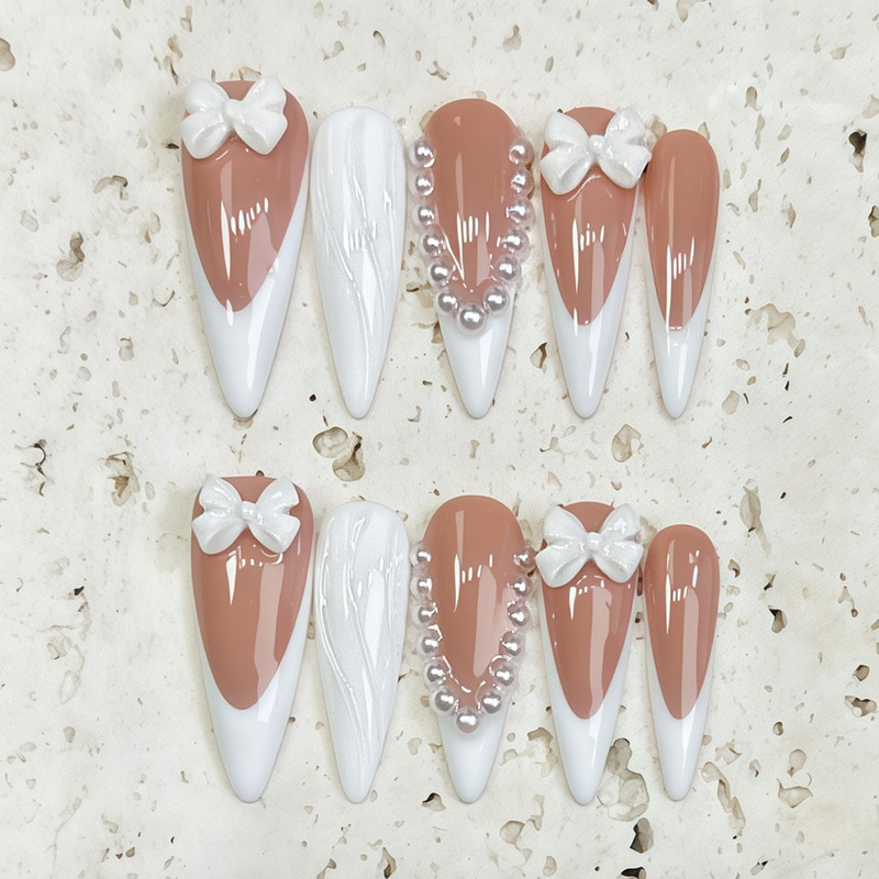 Cross-Border Popular European and American Pointed Manicure White French Bow Pearl Handmade Press-On Wearable Nails Fake Nails