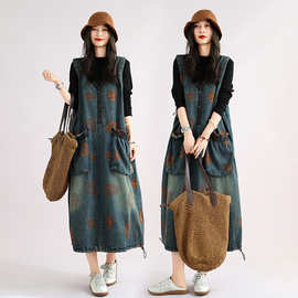 新款实拍复古花朵无袖牛仔宽松显瘦中长款印花连衣裙女