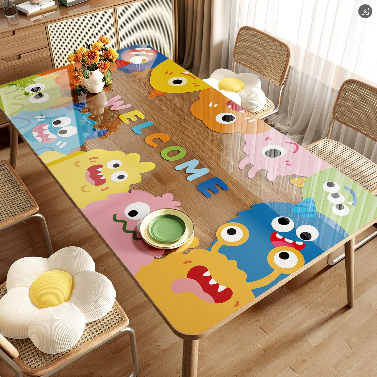 Dopamine Transparent Table Mat Pvc Soft Glass Waterproof, Oil-Proof, Anti-Scalding, No-Wash Tablecloth Cartoon Coffee Table Dining Table Mat
