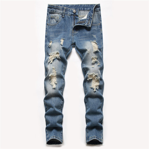Men's Jeans for Europe and America - Straight Leg, Frayed, Washed, Non-Stretch, for Older Children