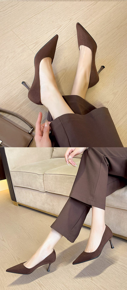 Giày cao gót nữ mũi nhọn gót mảnh thanh lịch, đế cao 6–8 cm — nâu, rượu vang đỏ chi tiết 12