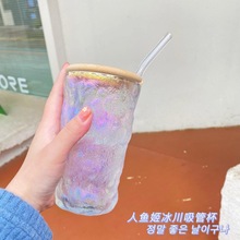 玻璃杯高颜值家用带盖吸管杯冰川杯ins爆款太阳花果汁早餐牛奶杯