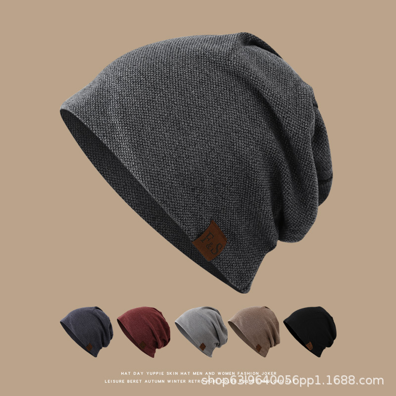 Spring and Autumn pullover cap cross-border casual loose knitted hat FS leather label cap winter fleece-lined men's and women's outdoor toe cap