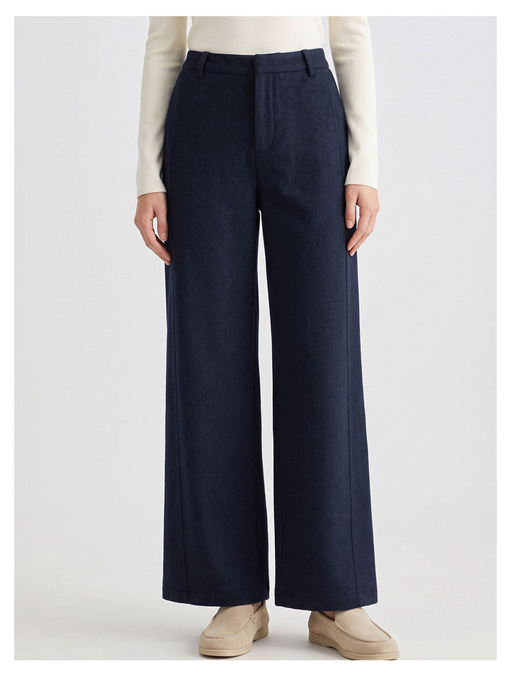 Quần ống rộng lưng cao dáng suông chất len cashmere phối len cừu — Xanh navy chi tiết 11