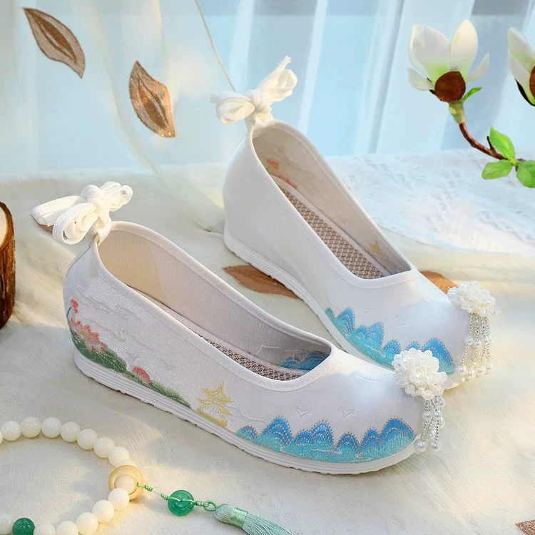 Xiaqing 4-сантиметровые туфли династии Хань с внутренним увеличением, туфли с открытым носком в древнем костюме, туфли с вышивкой в этническом стиле, студенческие танцевальные туфли, женские туфли с бантом