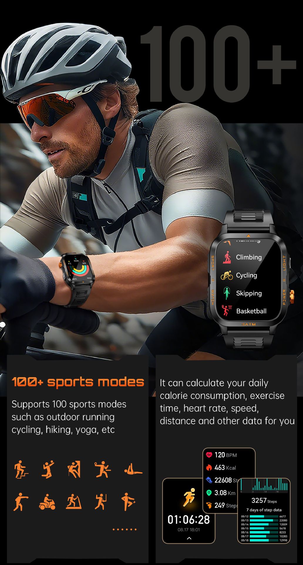Montre connectée KT89, grand écran 1,96 pouce, appels Bluetooth, lampe torche LED, idéale pour les activités de plein air, style unisexe chic et sportif._voghion.com