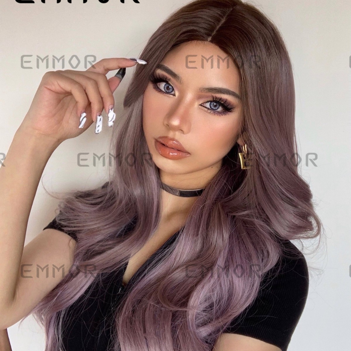 Nuevo elegante medio grande onda largo pelo rizado gradiente dorado púrpura marrón multicolor opcional europeo y americano peluca para mujeres