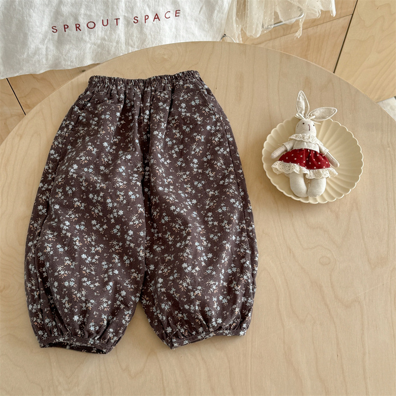 Ningli 子供服秋服女の子ベビー子供フォレストブルー小花柄ブルマパンツ女性用巾着9点パンツ|undefined