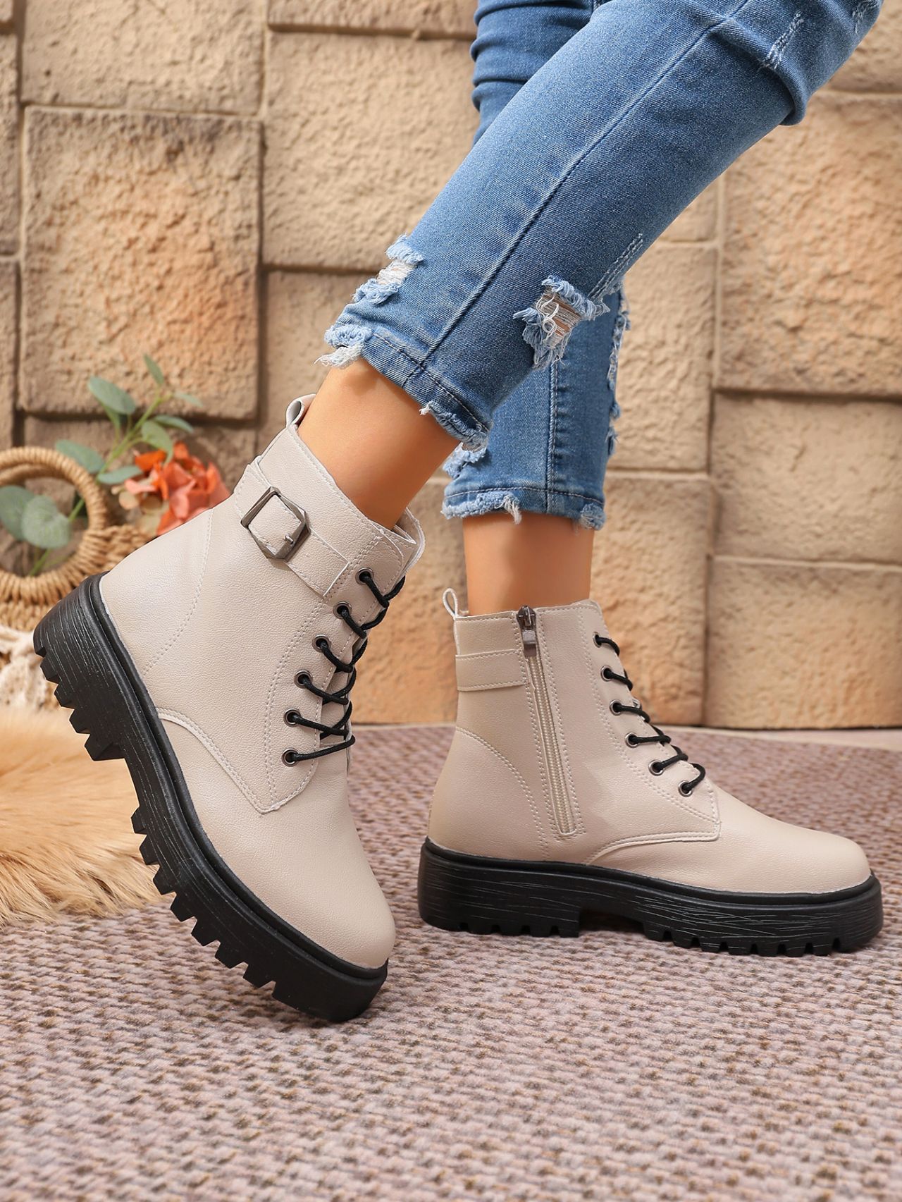 Women's Round Toe Ankle Boots With Side Zipper And Belt Buckle_voghion.com