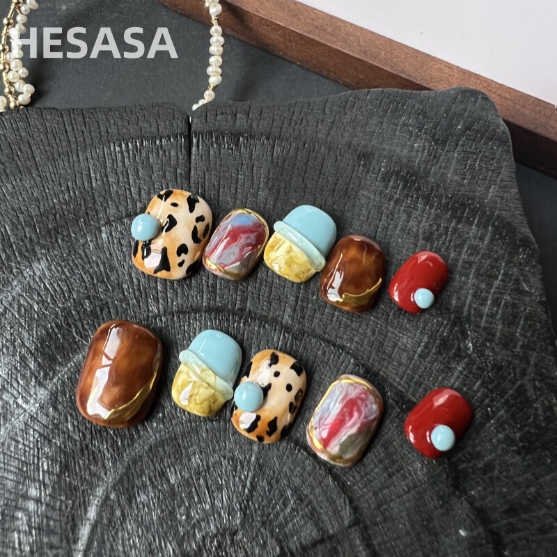 Sxrq | Original Design High-End Small Leopard Print Smudged Short Nails [Red Queen] Pure Handmade Wearable Nails