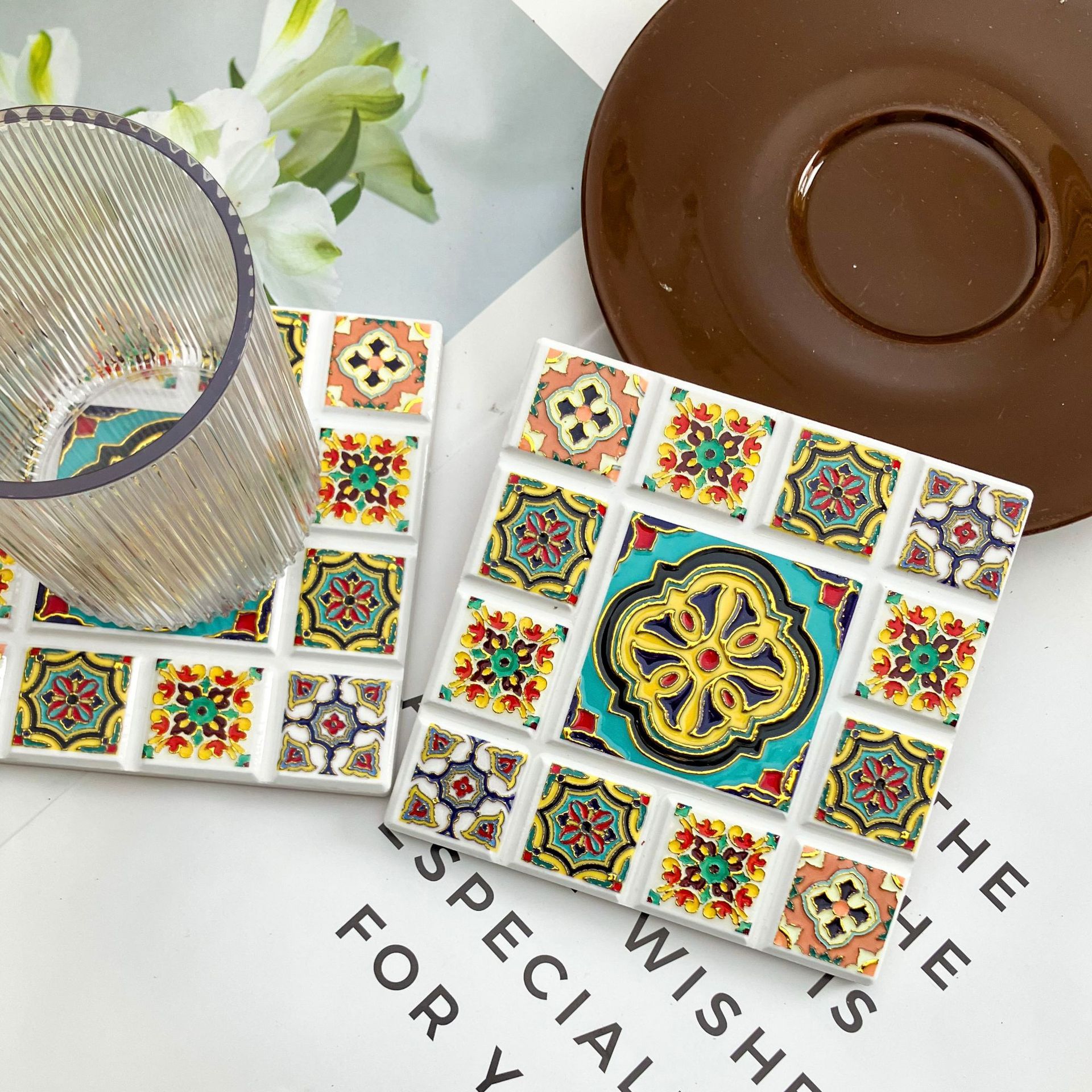 Transfronterizos nueva forma de chocolate cuadrado 3D estampado en relieve estampado taza almohadilla aislante de corcho estilo nacional retro