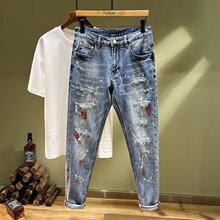 美式高街泼墨修补程式破洞牛仔裤男潮牌修身小脚九分裤夏季薄款乞