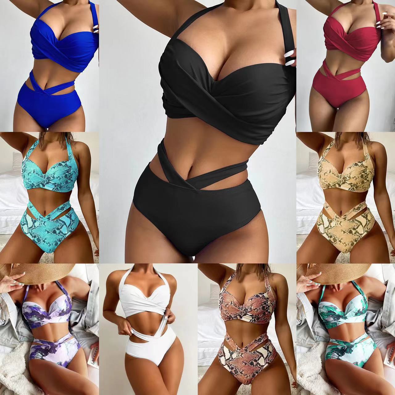 2025 European and American Cross-border Bikini Swimsuit Women's Sexy Tight Push-up Strap Printed Split Bikini Swimsuit