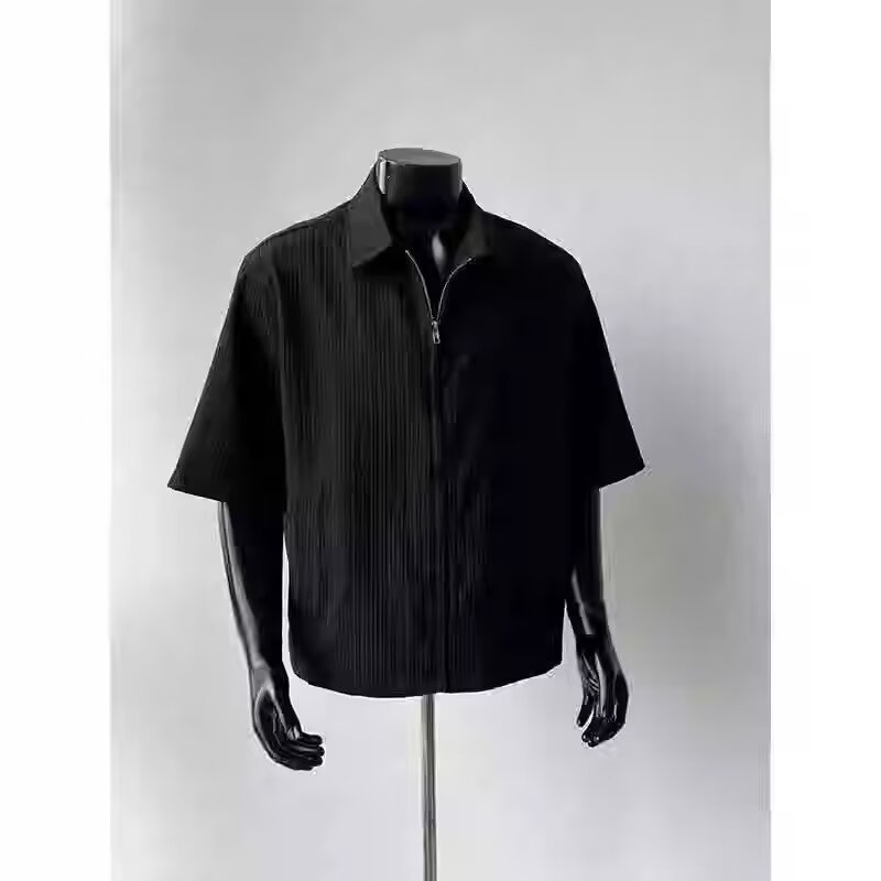Textured Vertical Stripesd Shirt Short-Sleeved Men's Summer Cleanfit Short Wide Boxy Zipper Jacket Three-Quarter Sleeve Shirt