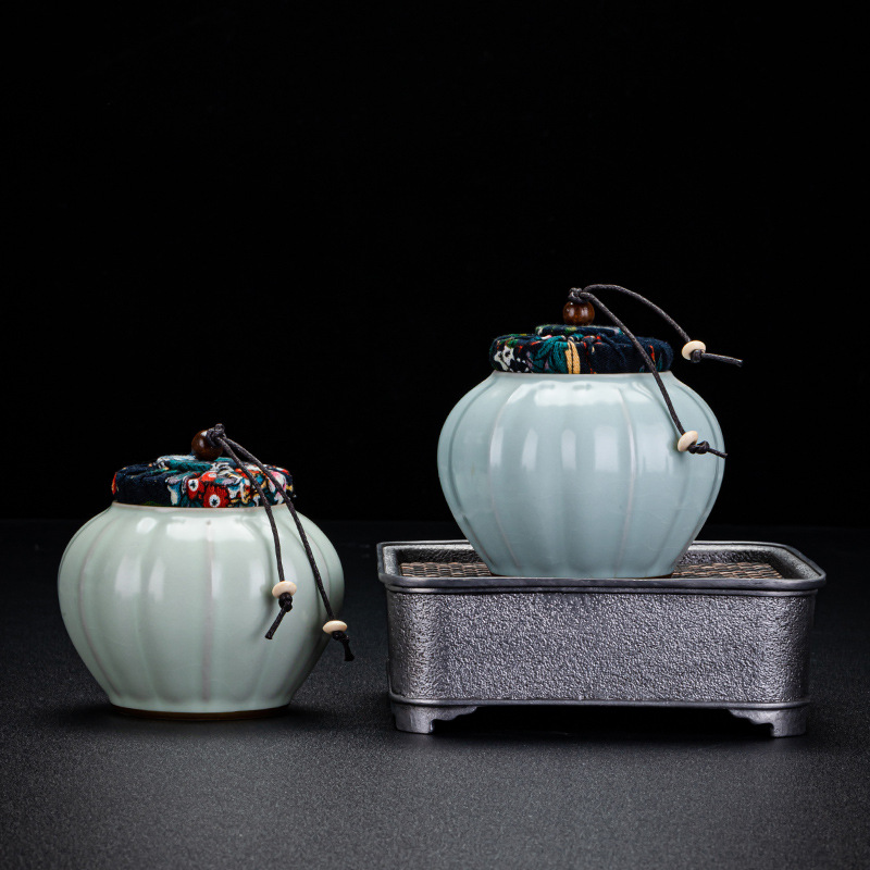 汝窑茶叶罐茶罐储存罐陶瓷家用旅行茶叶盒小号储物罐装茶罐包装盒