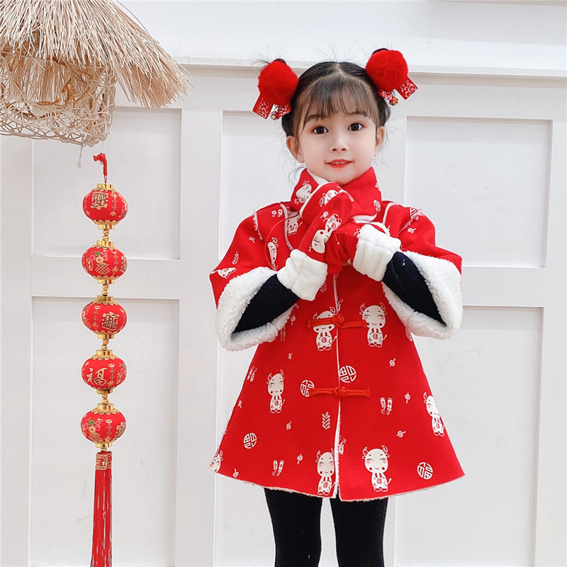 黑亚当秋冬季红色喜庆民族风旗袍中国风唐装牛年年服羊羔毛外套