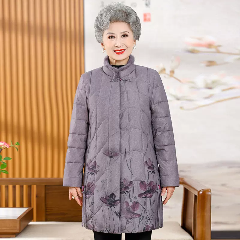中老年羽绒服女中长款妈妈外套冬装水貂毛领妈妈羽绒服棉服上衣冬