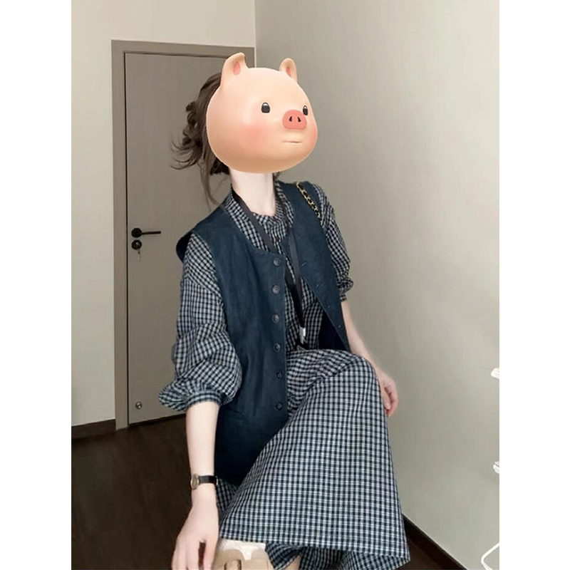 早秋穿搭一整套复古格子连衣裙女2025新款法式设计感马甲长裙套装|undefined