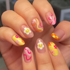 Cute Round-Headed European & American-Style Wearable Nail Tips, Multi-Color Wavy Sunflower & Smiley Face Nail Designs—Wholesale Finished Products