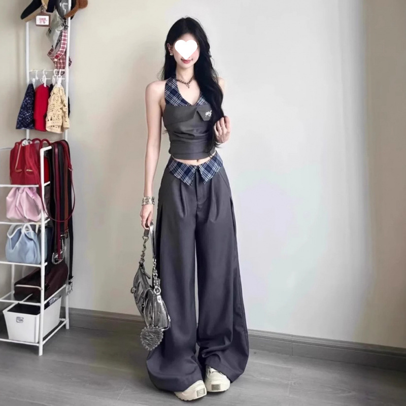 套装女2025夏季新款纯欲风辣妹设计感拼接挂脖无袖上衣高腰阔腿裤|undefined