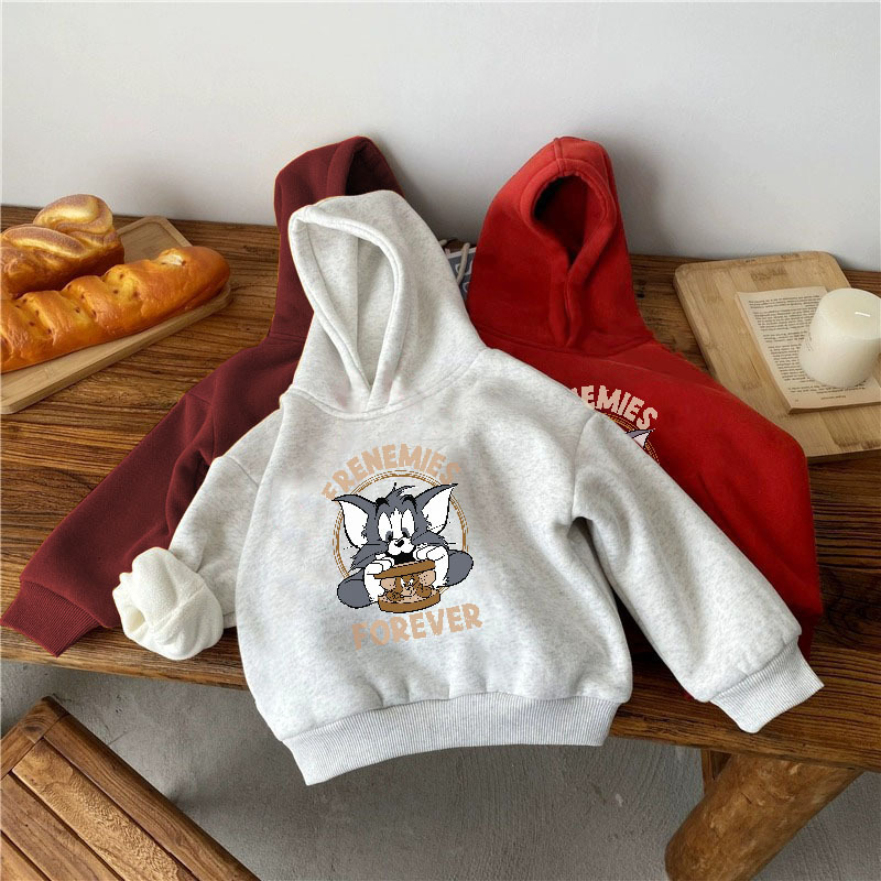 Fleece-lined children's hooded sweatshirt, autumn/winter 2026, trendy, versatile, cute, thick and warm top for boys and girls.