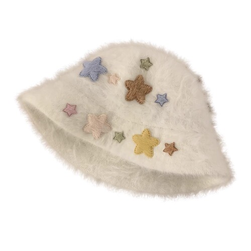 Japanese-style cute star plush fisherman hat for women, autumn and winter, face-slimming, ear-protecting, warm, bucket hat, Korean version, white hat