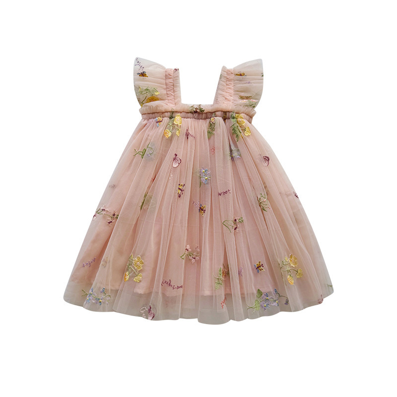 summer tulle dress for girls花朵甜美网纱女童连衣裙飞袖公主裙|undefined