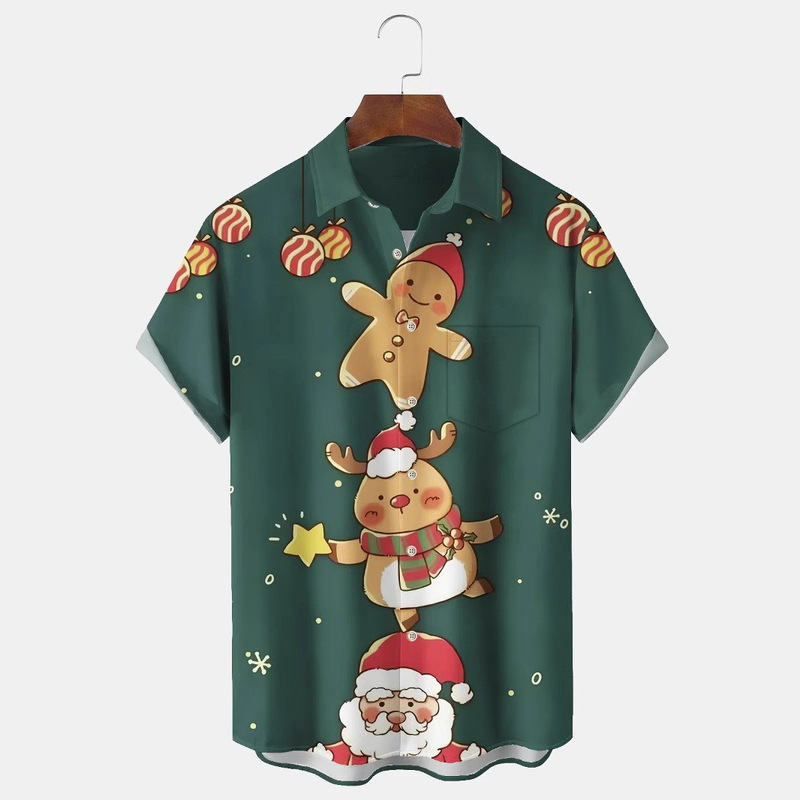 Christmas Men's Green Santa Elk Cookie Print Chest Pocket Stretch Shirt plus size