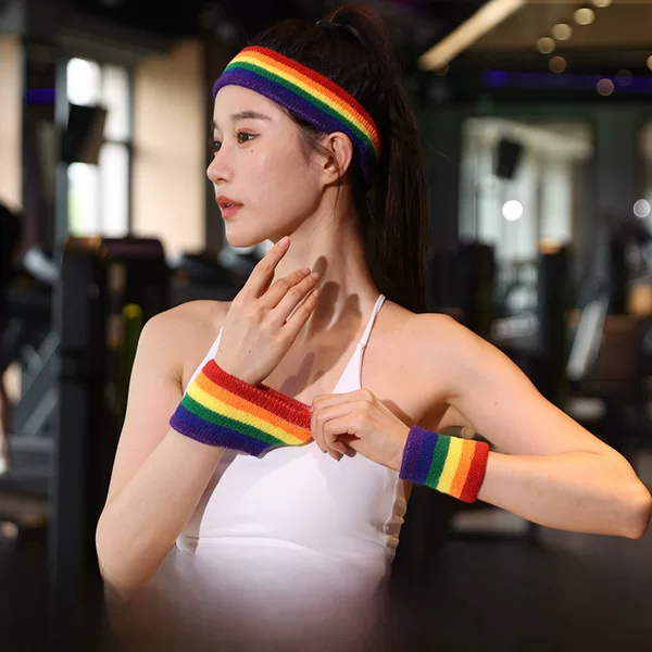 Rainbow Wrist Bracer Women's Sports Cotton Sweat-absorbent Towel Fashion Trend Running Sweat Wipe Headband Hair Band Wrist Square Dance