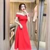 A-line neckline low cut and close waist A-line long skirt， toasting suit date dress short sleeve dress