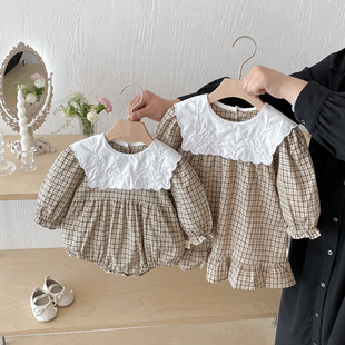 Korean Style Girls' dress Princess Large Lapel Plaid Long Sleeve Baby Girls' Bag Fat Clothes Triangle Climbing Suit Sisters