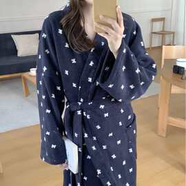 韩国ins女士冬日韩系新品双面绒蝴蝶结家居服睡袍浴袍套装长袖女