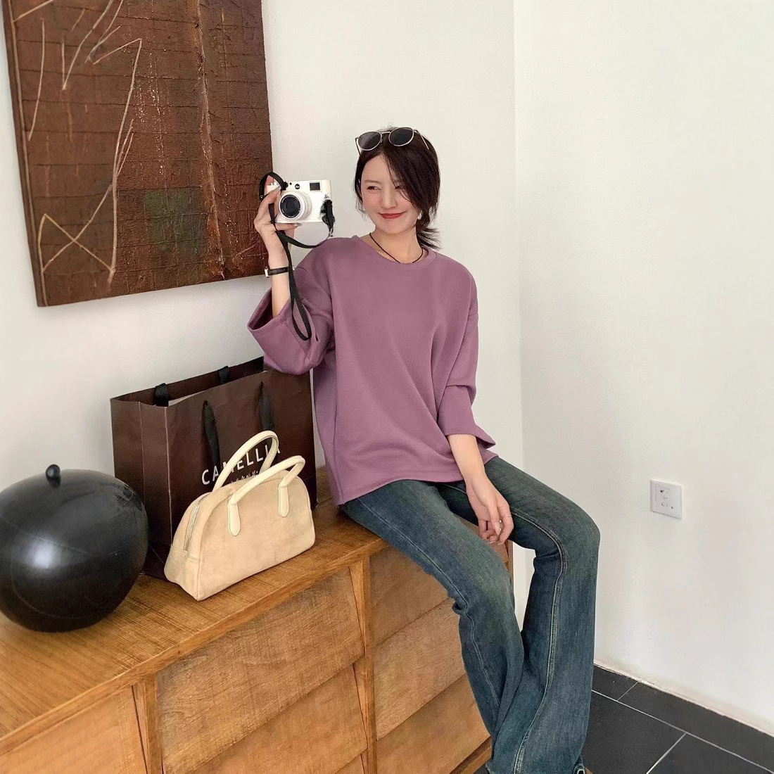 韩系不规则后背开叉七分袖上衣服女秋季新款大码宽松圆领性感T恤